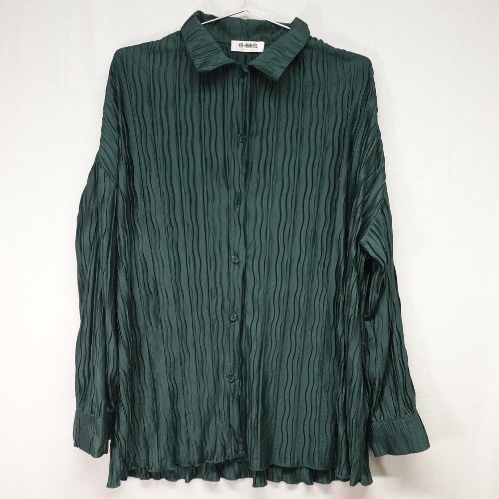 4th Reckless Shirt Womens Large DarkGreen Crinkle Button Up Long Sleeve Career